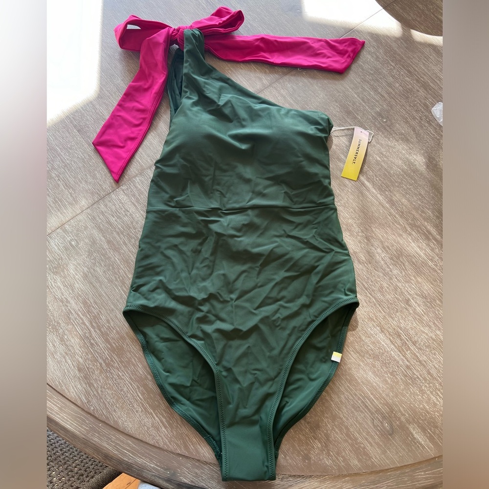 Summersalt The Bow-Shoulder Ruched Sidestroke Size 4 Olive & Spritz